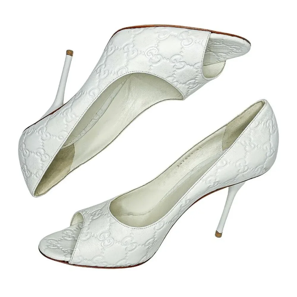 Gucci Guccissima Aleppo Peep Toe Pumps EU 41 White Double GG Monogram Heels